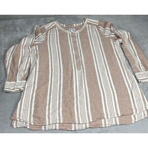 Denim & Co Long Sleeve Top Women Size 1X Lightweight 55% Linen Striped Summer